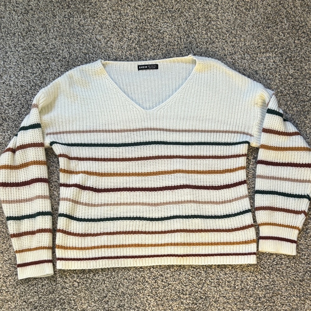 Cream Striped V-Neck Sweater